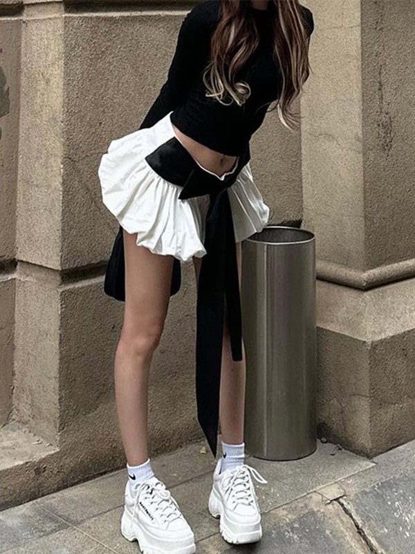 Solid Tie Back Long Sleeve Tee&Bow Decor Bud Skirt Set-4