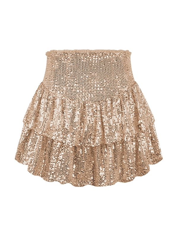 Solid Sequin Pleated Tiered Mini Skirt-2