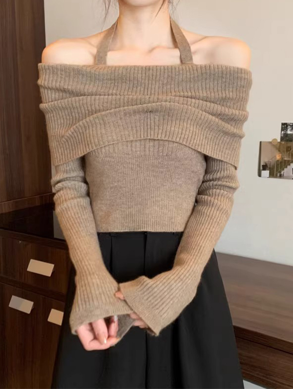 Solid Halter Ruched Cold Shoulder Sweater-4